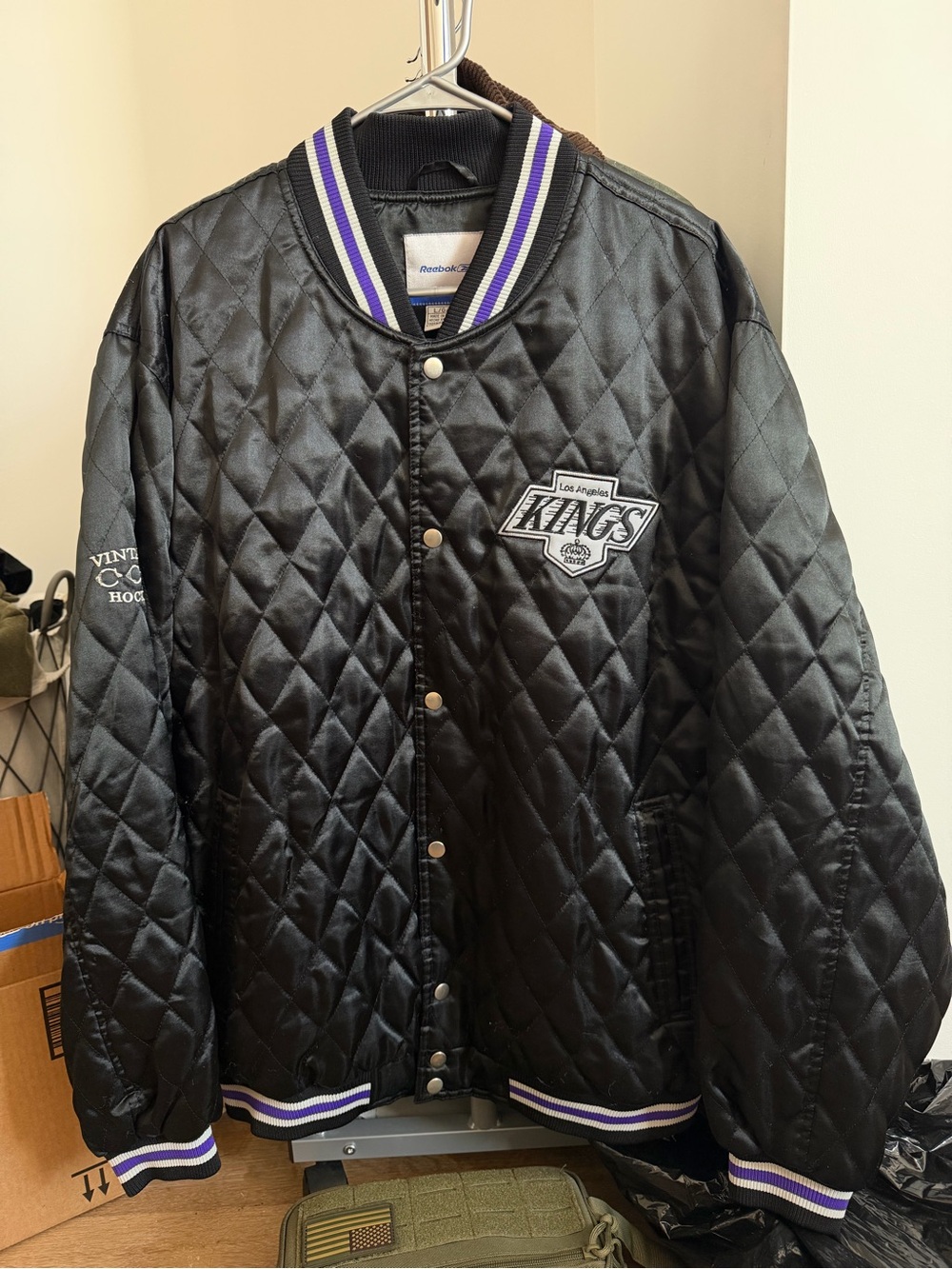 CCM Los Angeles Kings Black Quilted Satin Bomber Jacket with Purple Trim